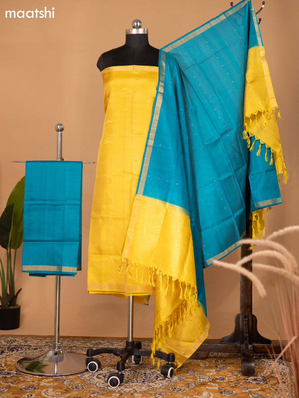 Mustard Yellow and Teal Blue Pure Silk Dress Material With Zari Buttas
