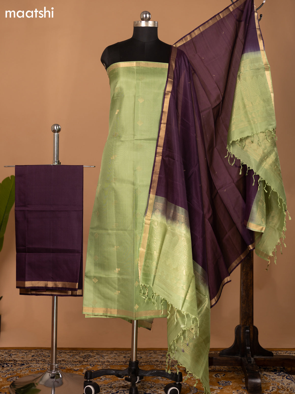 Patel Green and Deep Wine Pure Silk Dress Material With Zari Buttas