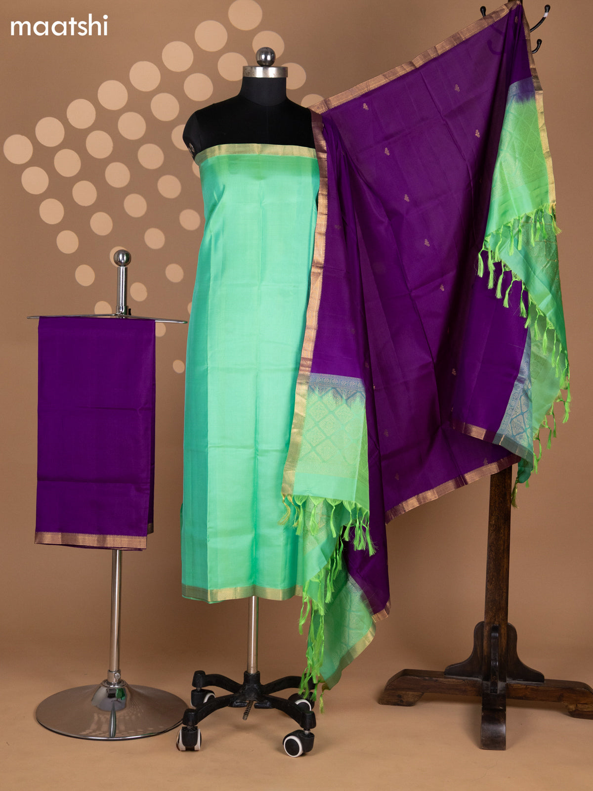 Teal Green and Violet Pure Silk Dress Material With Zari Buttas