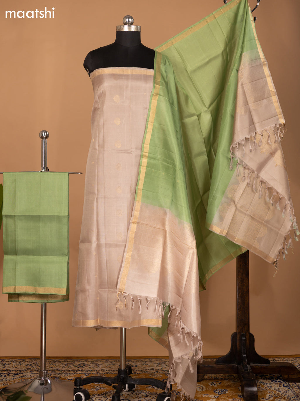 Pastek Brown and Pastek Green Pure Silk Dress Material With Zari Buttas