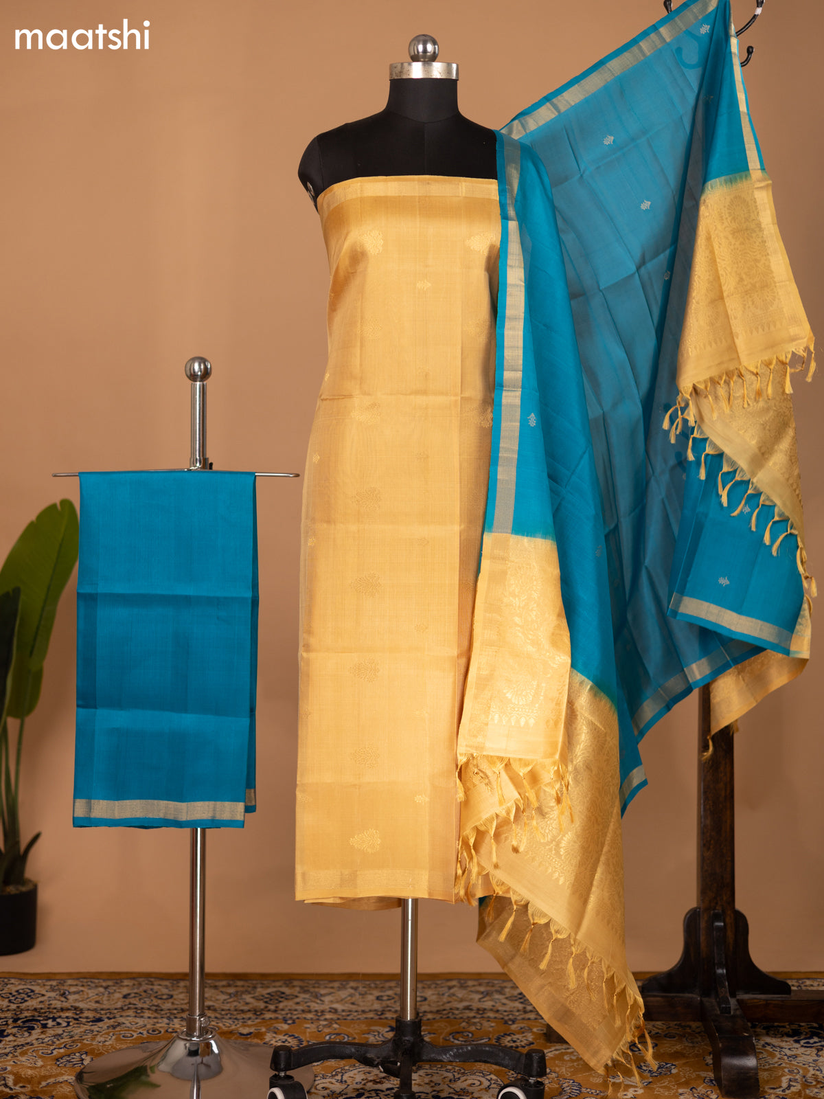 Sandal and Teal Blue Pure Silk Dress Material With Zari Buttas