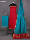 Kumkum Red and Teal Shade Kora Silk Cotton Dress Material With Zari Buttas and Bottom & Zari Dupatta