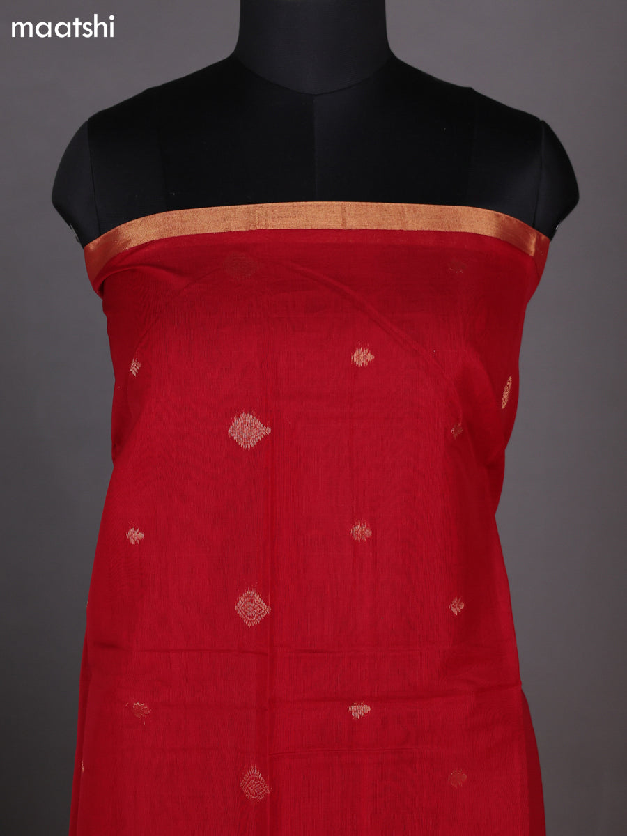 Kumkum Red and Teal Shade Kora Silk Cotton Dress Material With Zari Buttas and Bottom & Zari Dupatta