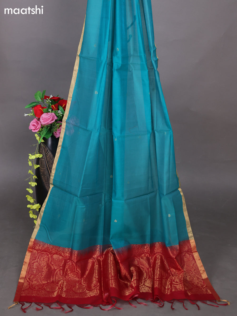 Kumkum Red and Teal Shade Kora Silk Cotton Dress Material With Zari Buttas and Bottom & Zari Dupatta