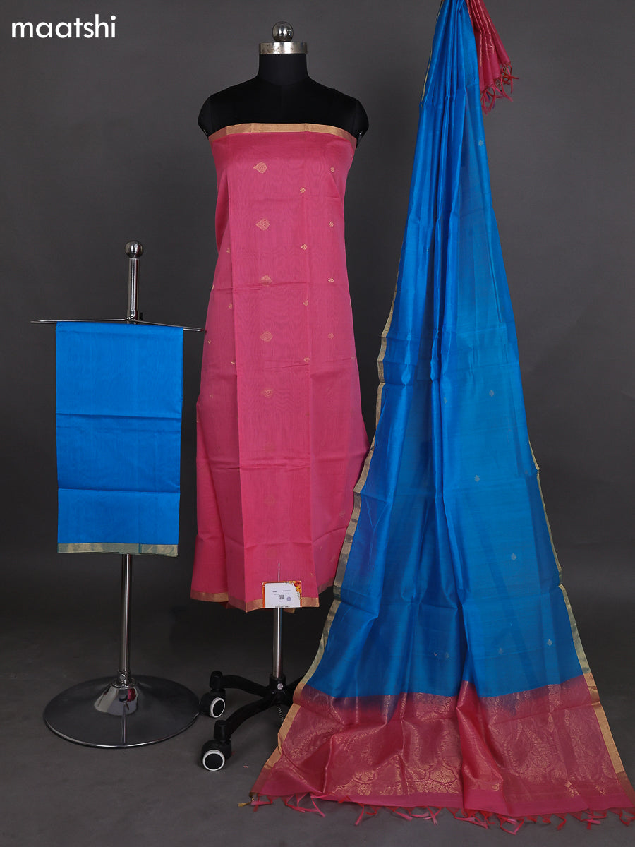 Peach Pink and Teal Blue Kora Silk Cotton Dress Material With Zari Buttas and Bottom & Zari Dupatta