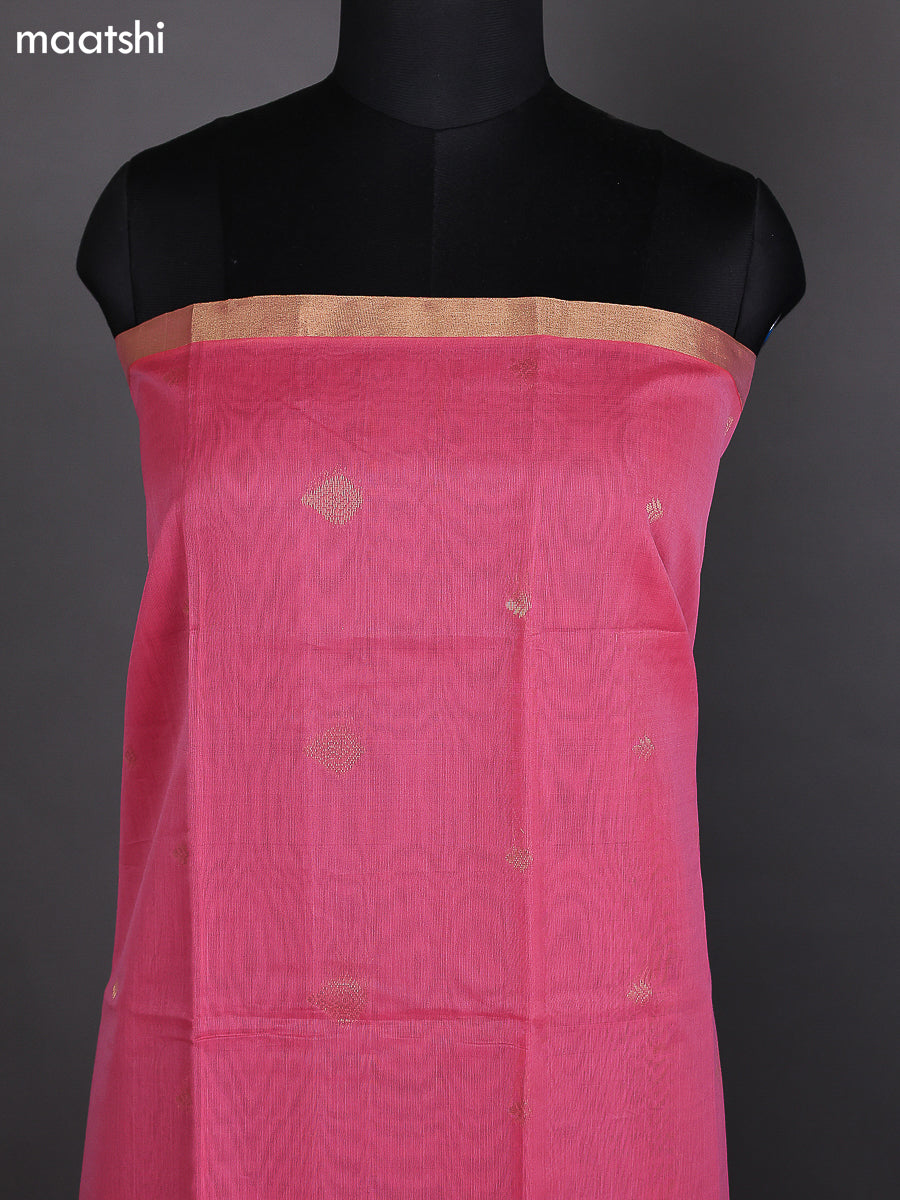 Peach Pink and Teal Blue Kora Silk Cotton Dress Material With Zari Buttas and Bottom & Zari Dupatta