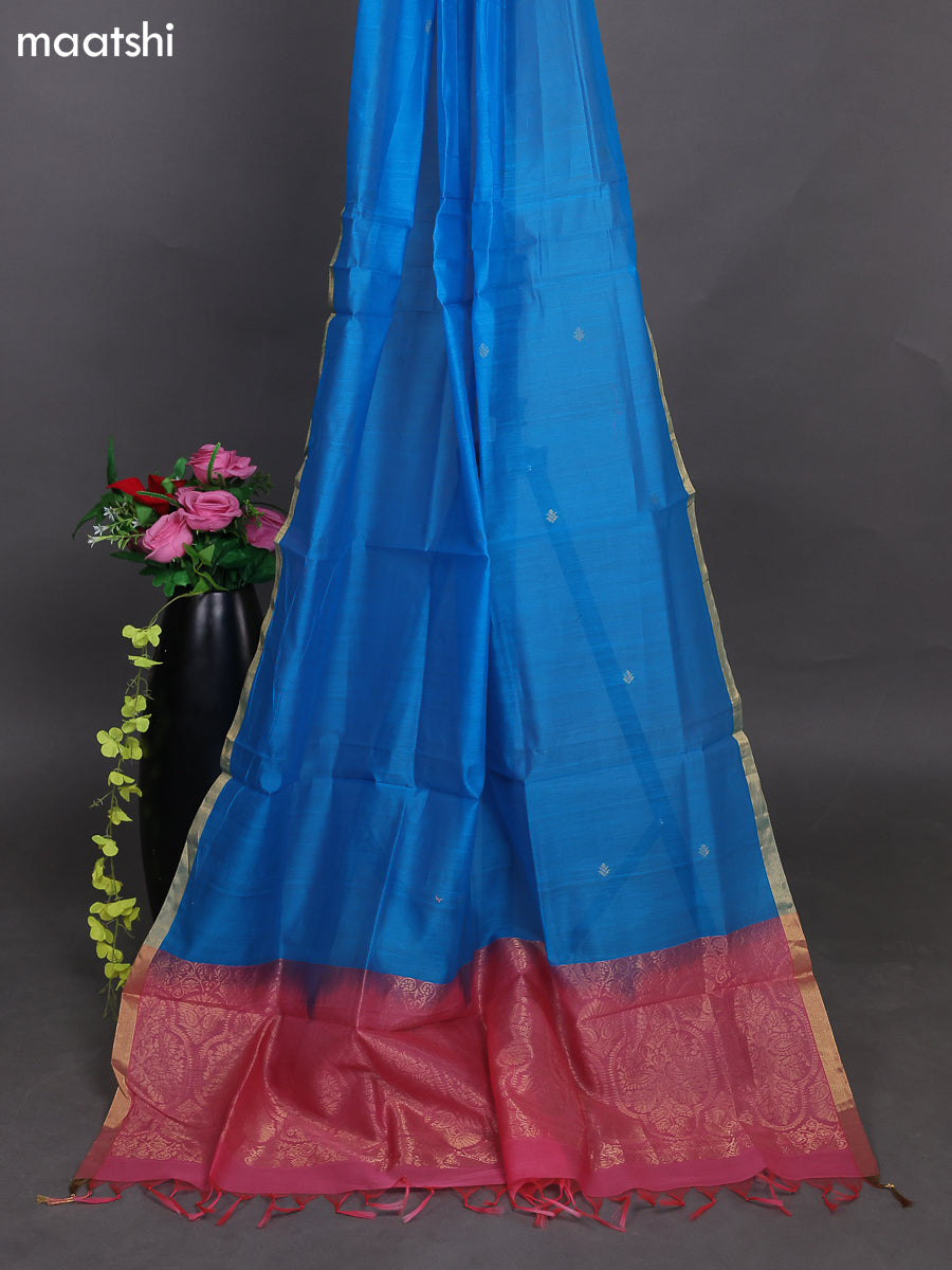 Peach Pink and Teal Blue Kora Silk Cotton Dress Material With Zari Buttas and Bottom & Zari Dupatta