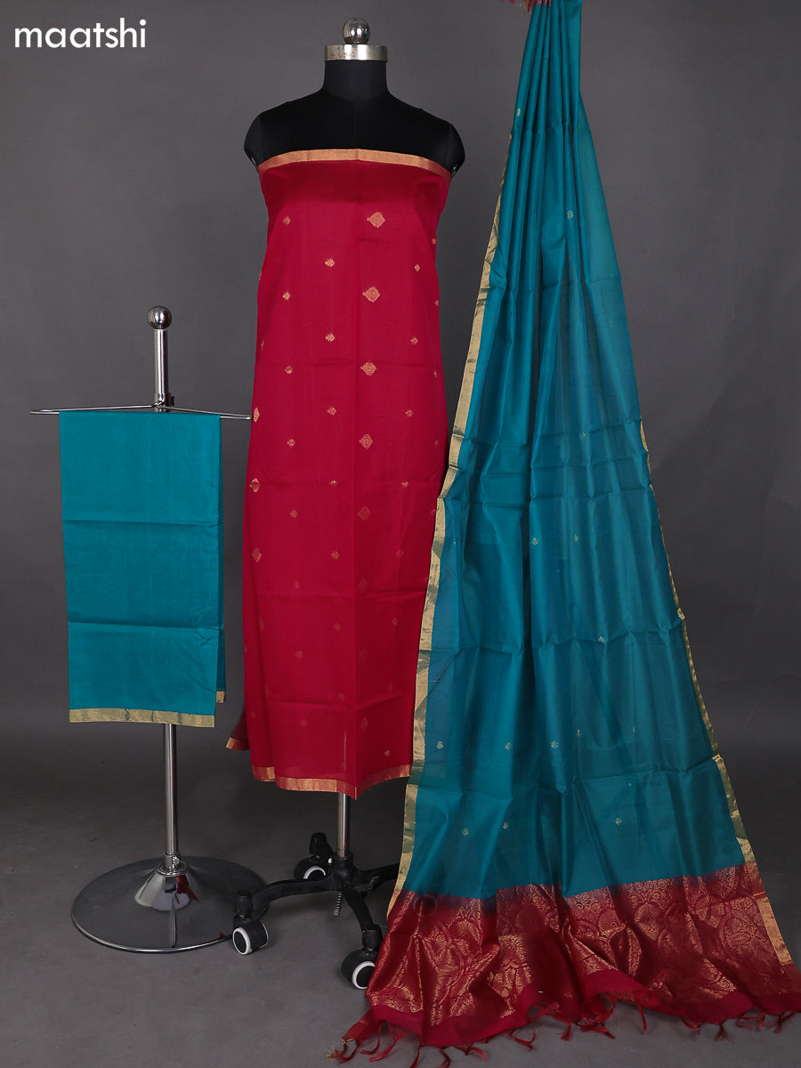 Pink and Teal Shade Kora Silk Cotton Dress Material With Zari Buttas and Bottom & Zari Dupatta