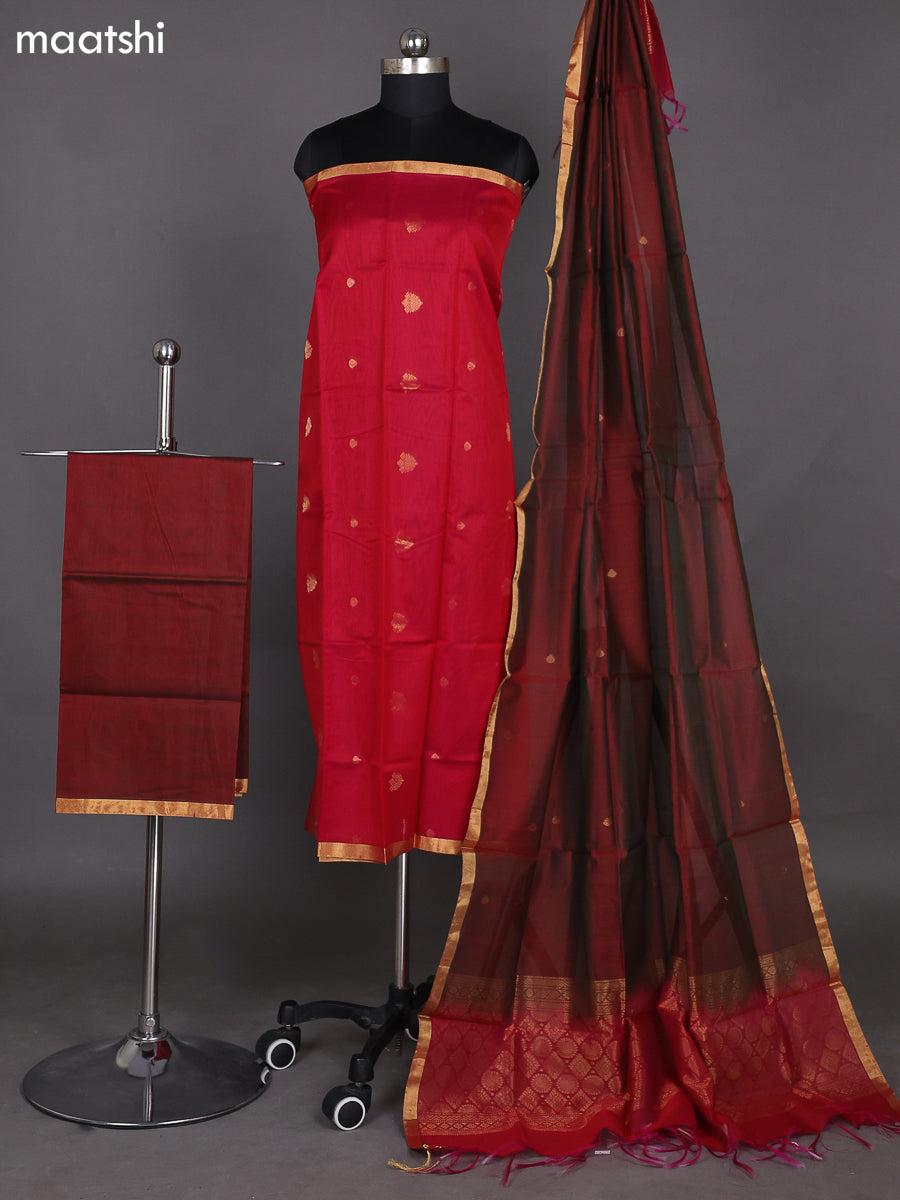Reddish Pink and Dual Shade Of Maroon Kora Silk Cotton Dress Material With Zari Buttas and Bottom & Zari Dupatta