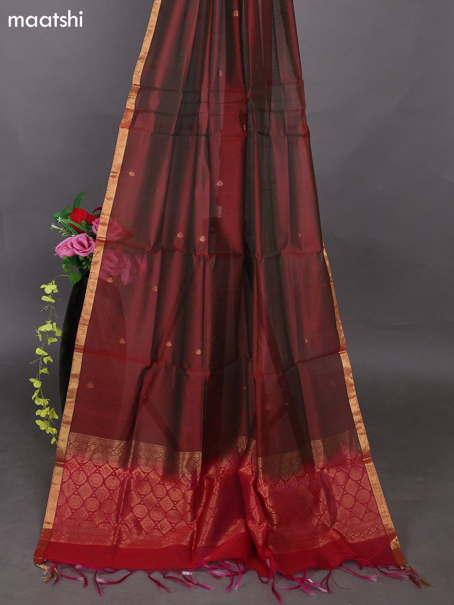 Reddish Pink and Dual Shade Of Maroon Kora Silk Cotton Dress Material With Zari Buttas and Bottom & Zari Dupatta