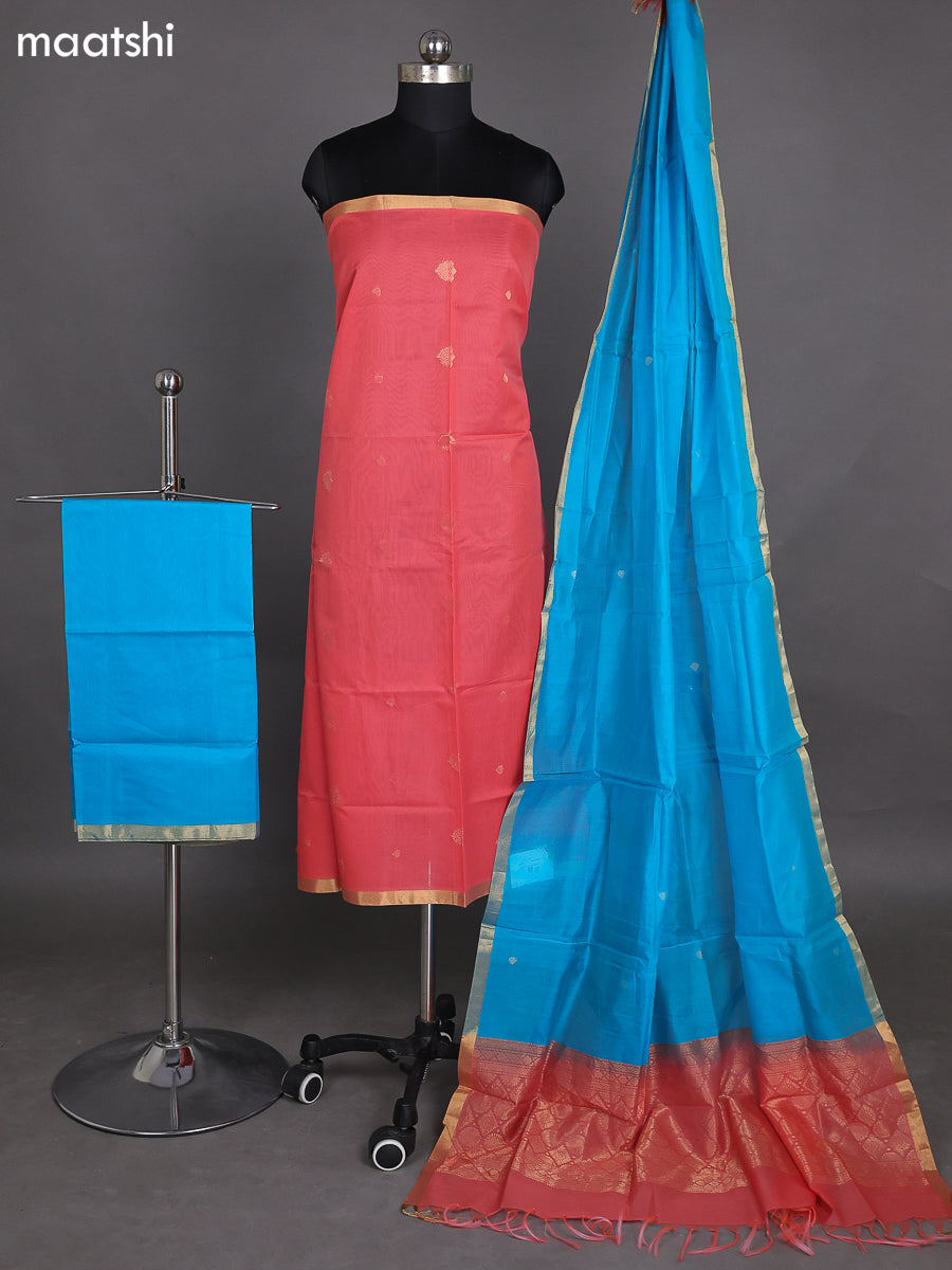 Peach Shade and Teal Blue Kora Silk Cotton Dress Material With Zari Buttas and Bottom & Zari Dupatta