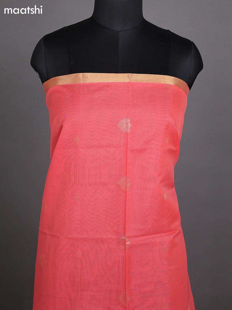 Peach Shade and Teal Blue Kora Silk Cotton Dress Material With Zari Buttas and Bottom & Zari Dupatta