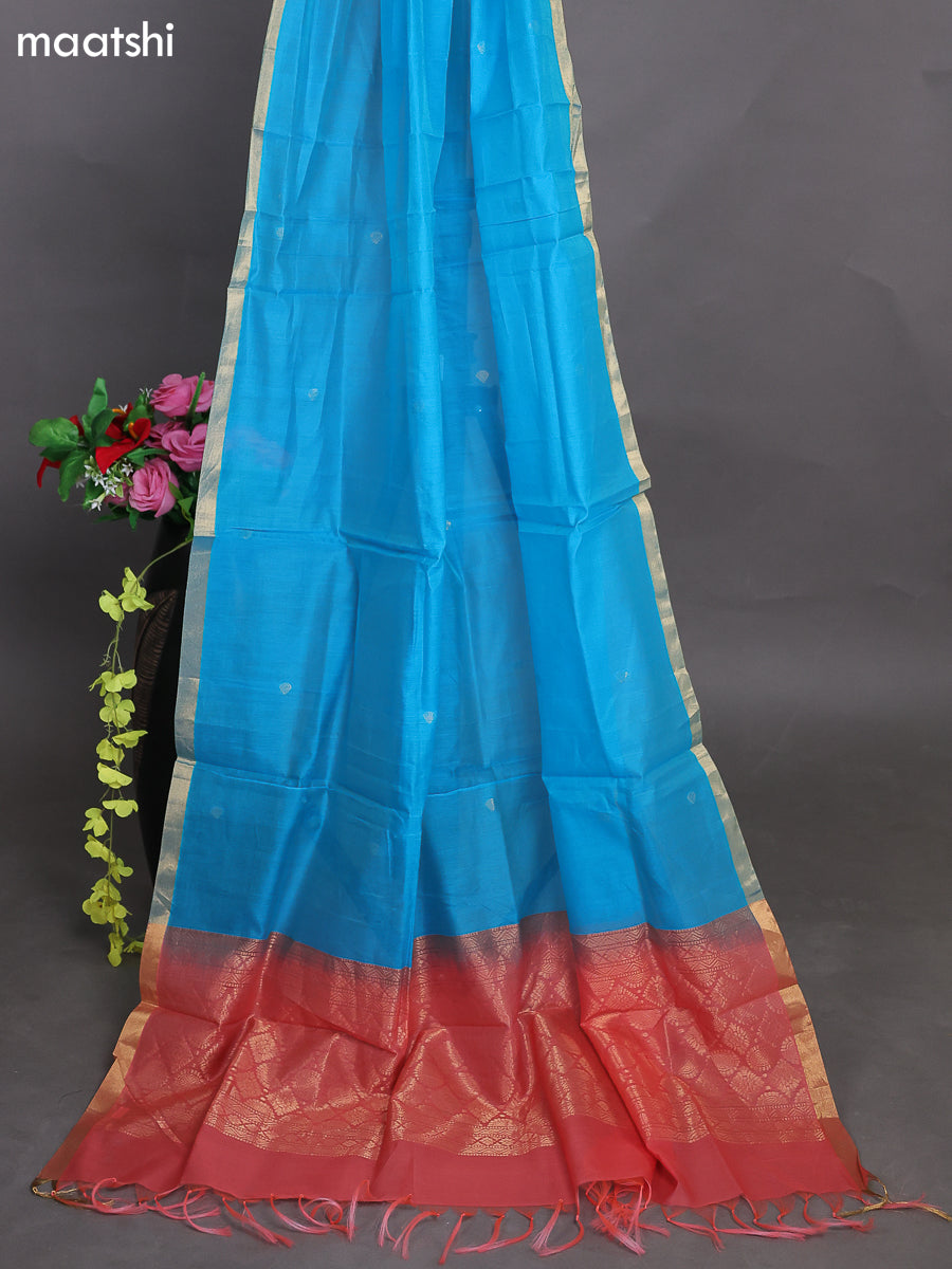 Peach Shade and Teal Blue Kora Silk Cotton Dress Material With Zari Buttas and Bottom & Zari Dupatta
