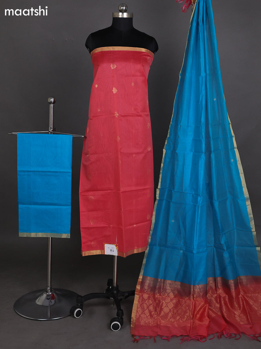 Peach Pink and Teal Blue Kora Silk Cotton Dress Material With Zari Buttas and Bottom & Zari Dupatta
