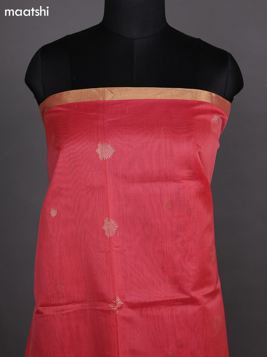 Peach Pink and Teal Blue Kora Silk Cotton Dress Material With Zari Buttas and Bottom & Zari Dupatta