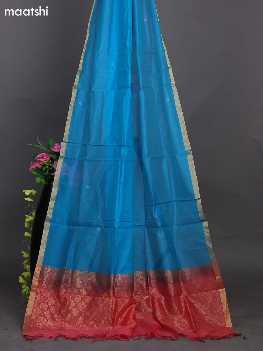 Peach Pink and Teal Blue Kora Silk Cotton Dress Material With Zari Buttas and Bottom & Zari Dupatta