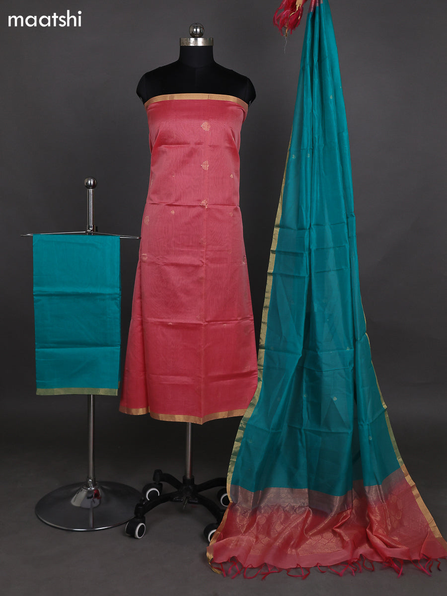 Oeach Pink and Teal Green Kora Silk Cotton Dress Material With Zari Buttas and Bottom & Zari Dupatta