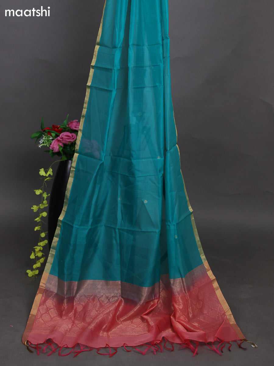 Oeach Pink and Teal Green Kora Silk Cotton Dress Material With Zari Buttas and Bottom & Zari Dupatta
