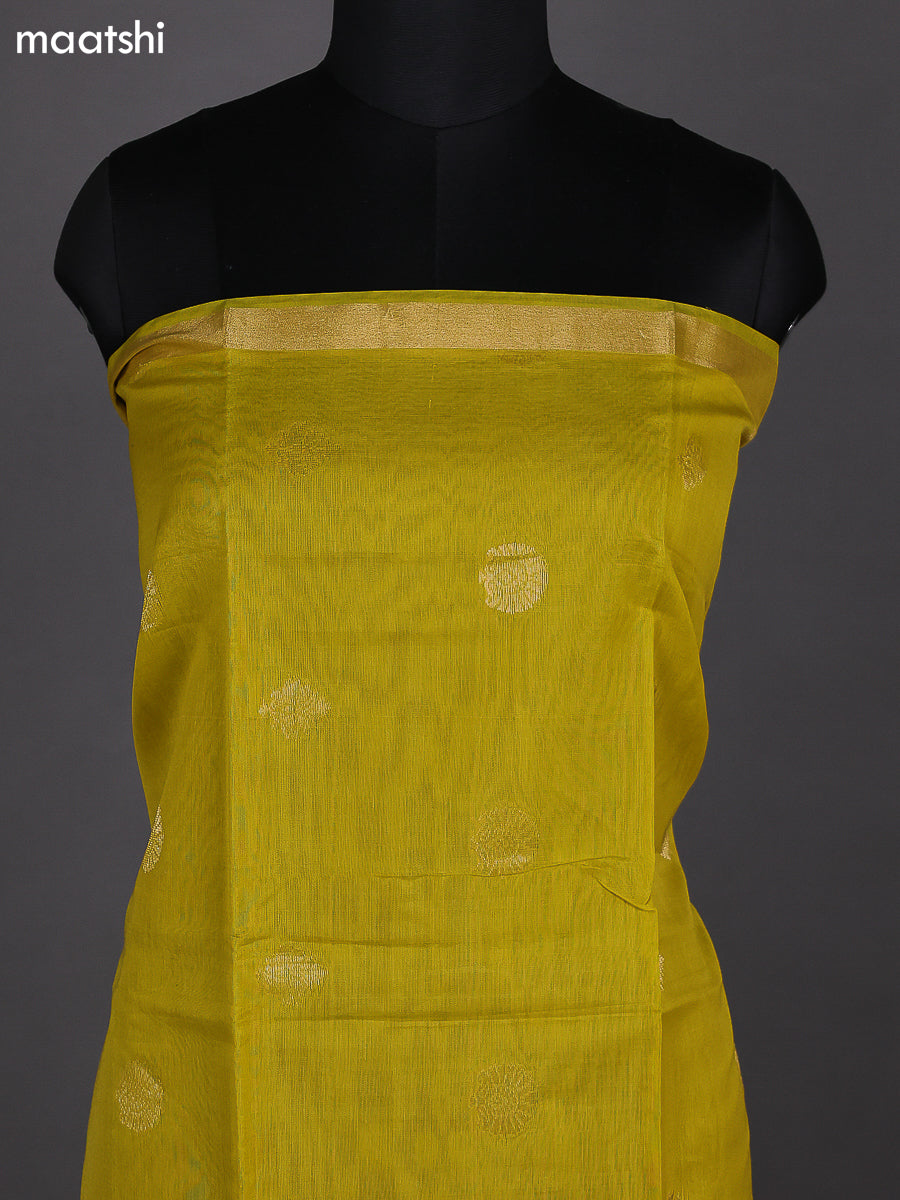 Lime Yellow and Peacock Blue Kora Silk Cotton Dress Material With Zari Buttas and Bottom & Zari Dupatta