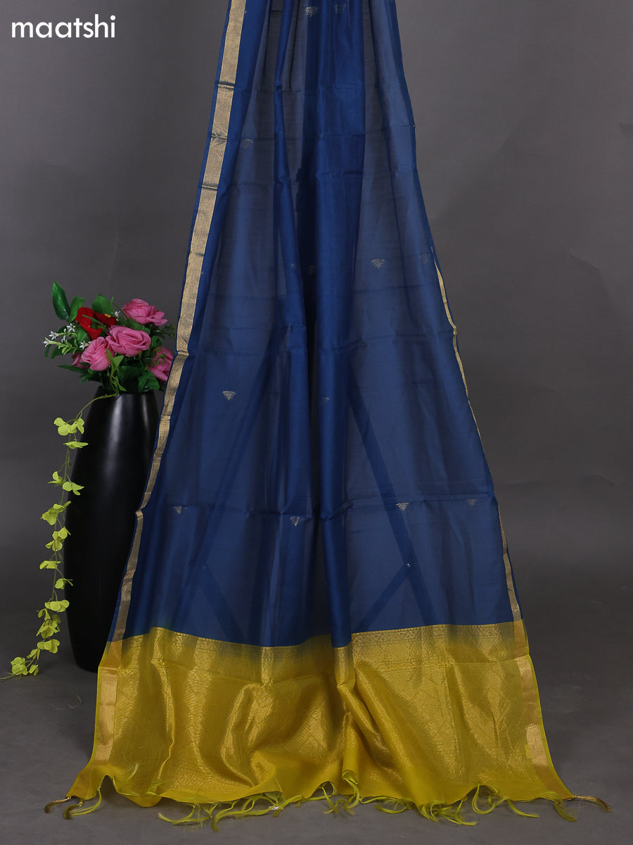 Lime Yellow and Peacock Blue Kora Silk Cotton Dress Material With Zari Buttas and Bottom & Zari Dupatta
