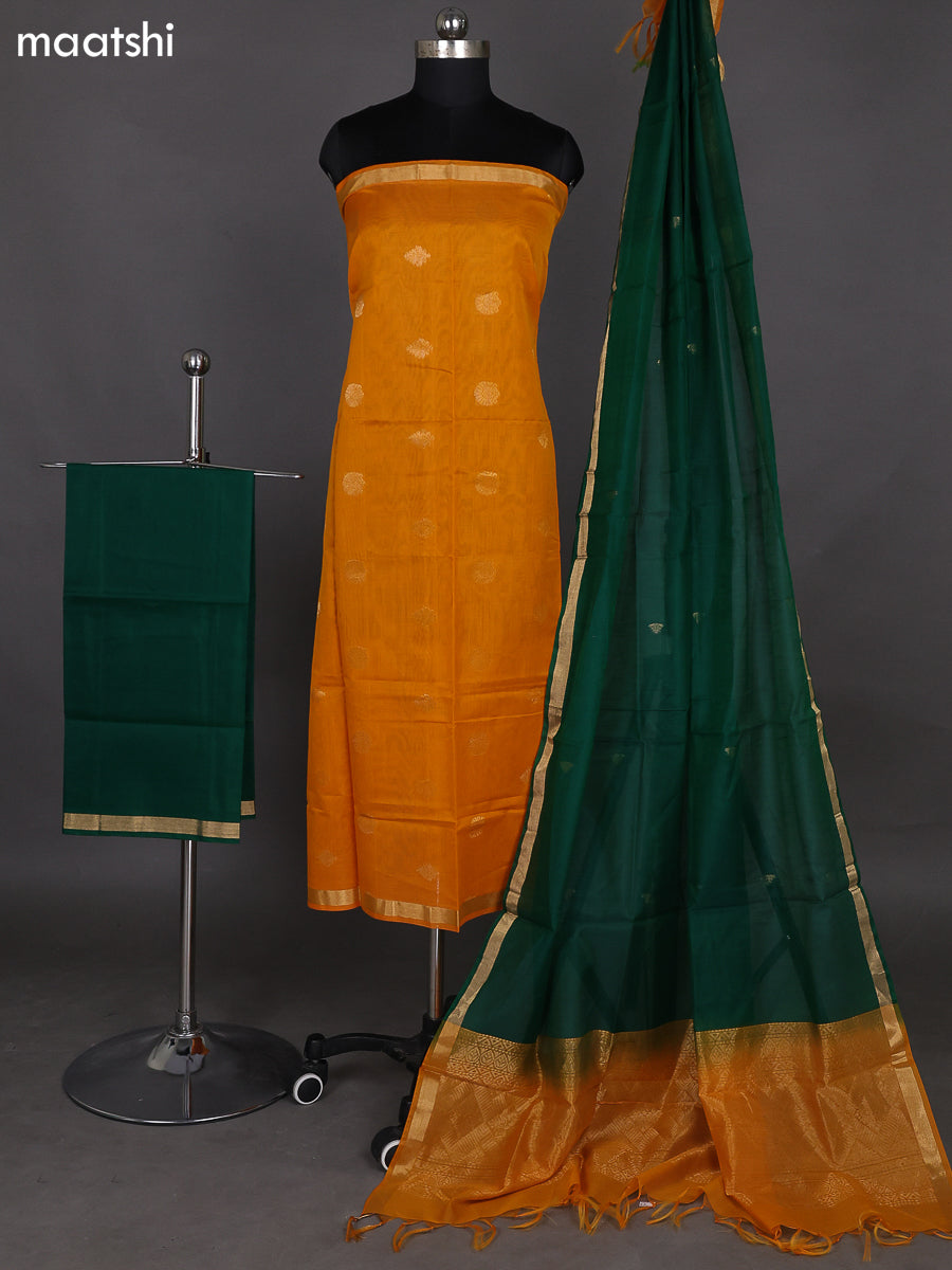 Mango Yellow and Green Kora Silk Cotton Dress Material With Zari Buttas and Bottom & Zari Dupatta