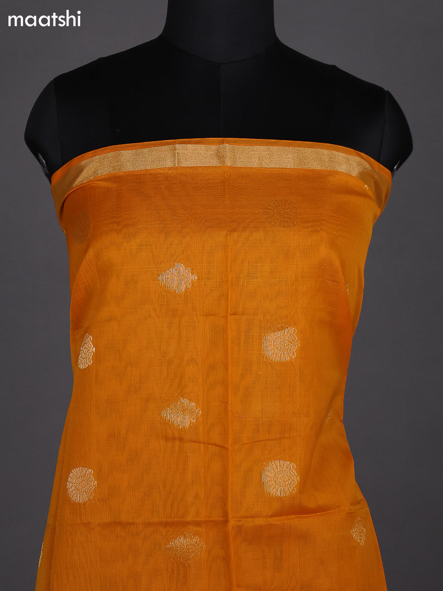 Mango Yellow and Green Kora Silk Cotton Dress Material With Zari Buttas and Bottom & Zari Dupatta