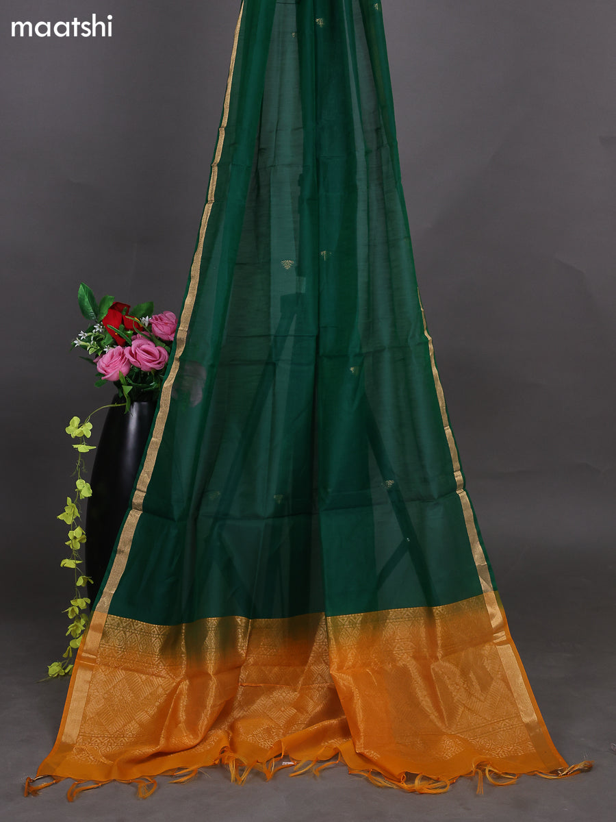 Mango Yellow and Green Kora Silk Cotton Dress Material With Zari Buttas and Bottom & Zari Dupatta
