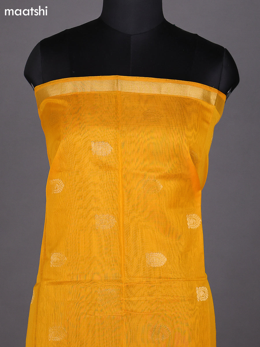 Mango Yellow and Wine Shade Kora Silk Cotton Dress Material With Zari Buttas and Bottom & Zari Dupatta