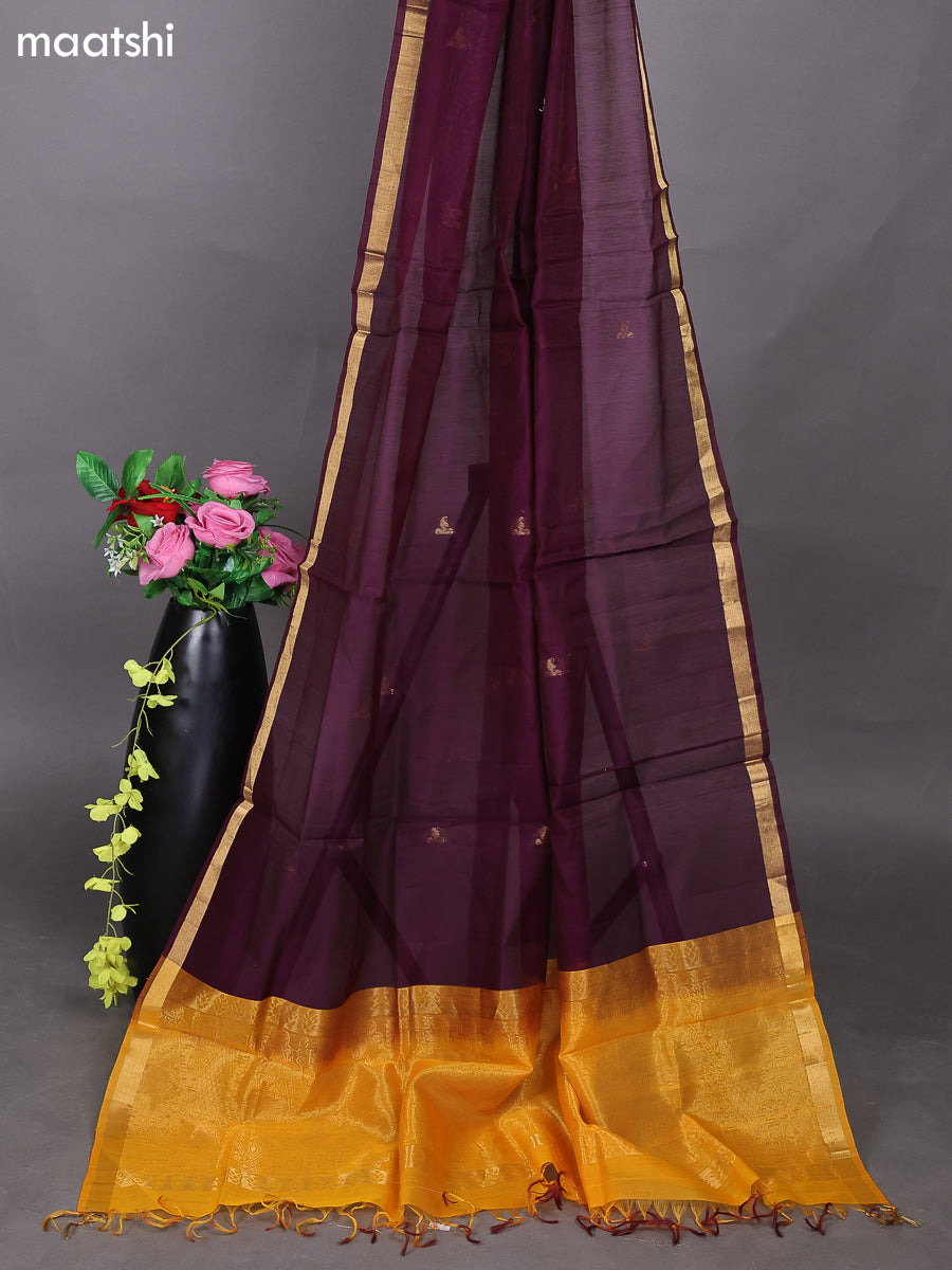 Mango Yellow and Wine Shade Kora Silk Cotton Dress Material With Zari Buttas and Bottom & Zari Dupatta