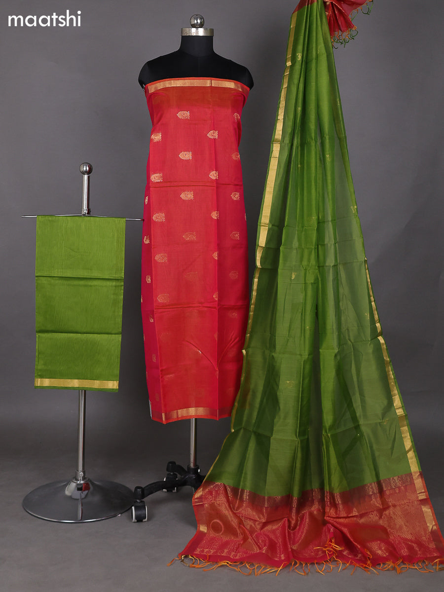 Dual Shade Of Pink and Green Shade Kora Silk Cotton Dress Material With Zari Buttas and Bottom & Zari Dupatta