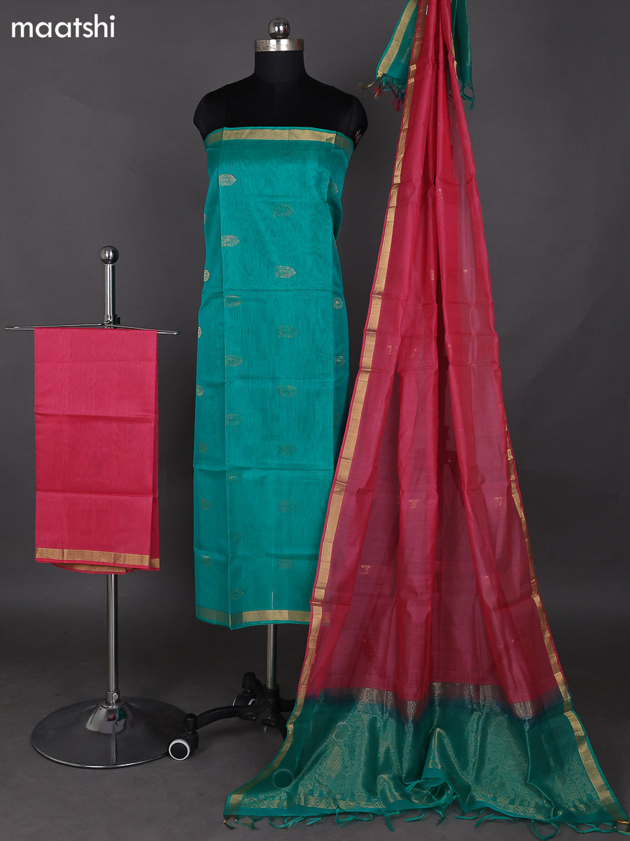 Teal Green and Peach Pink Kora Silk Cotton Dress Material With Zari Buttas and Bottom & Zari Dupatta