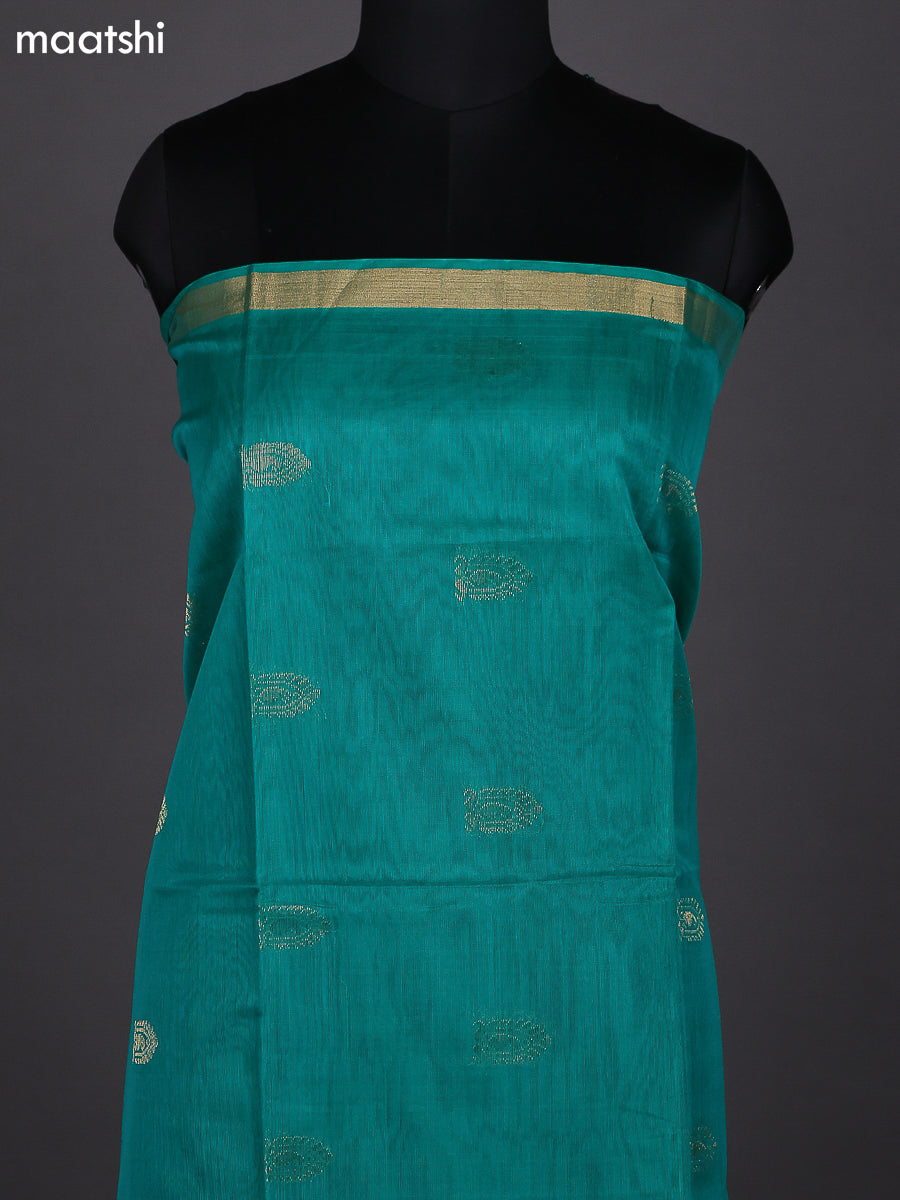 Teal Green and Peach Pink Kora Silk Cotton Dress Material With Zari Buttas and Bottom & Zari Dupatta