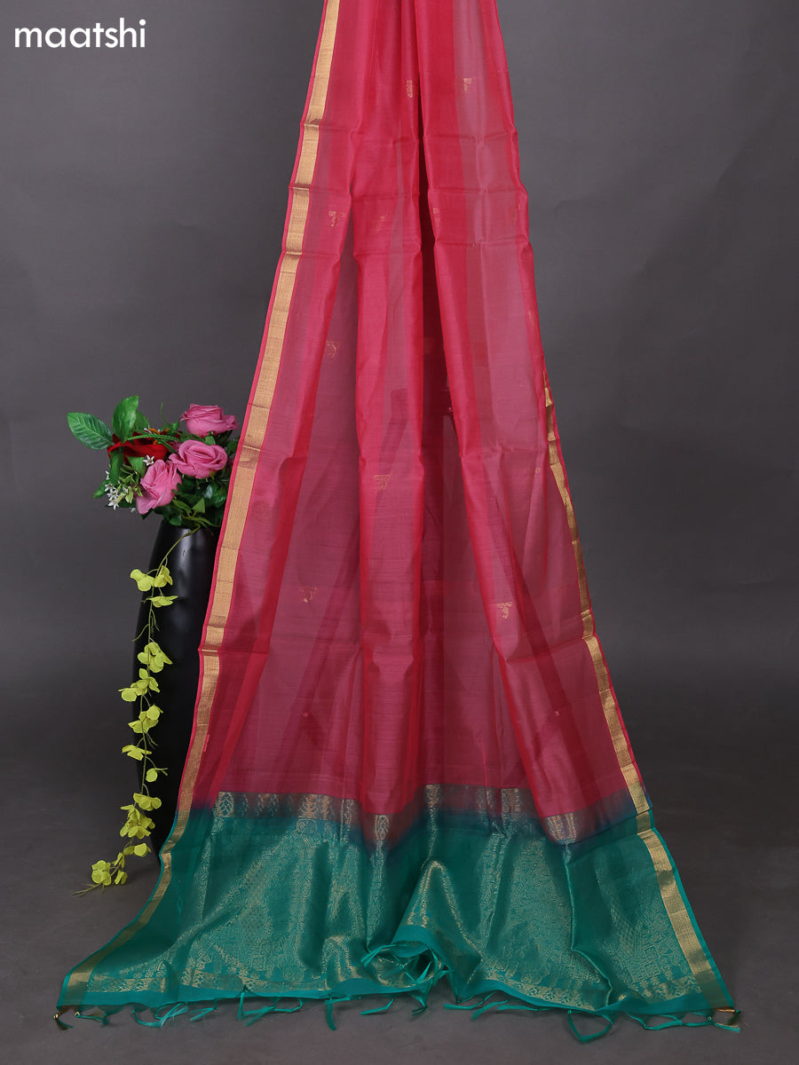 Teal Green and Peach Pink Kora Silk Cotton Dress Material With Zari Buttas and Bottom & Zari Dupatta
