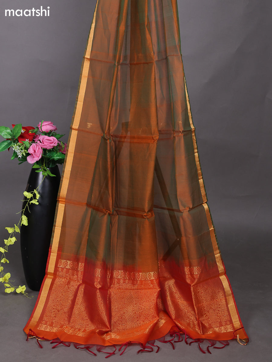 Orange and Dual Shade Of Orange Kora Silk Cotton Dress Material With Zari Buttas and Bottom & Zari Dupatta