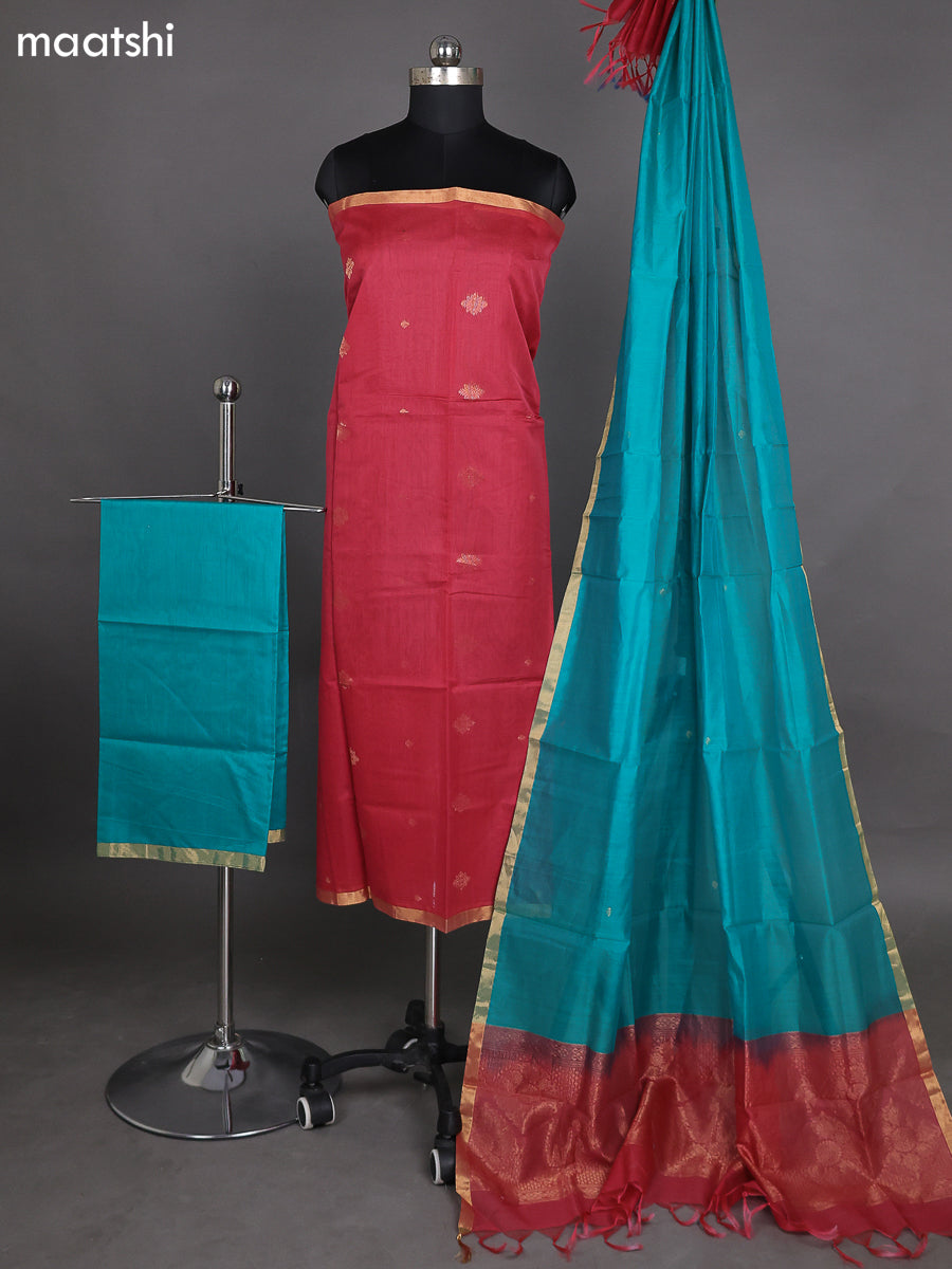 Dark Peach and Teal Green Kora Silk Cotton Dress Material With Zari Buttas and Bottom & Zari Dupatta