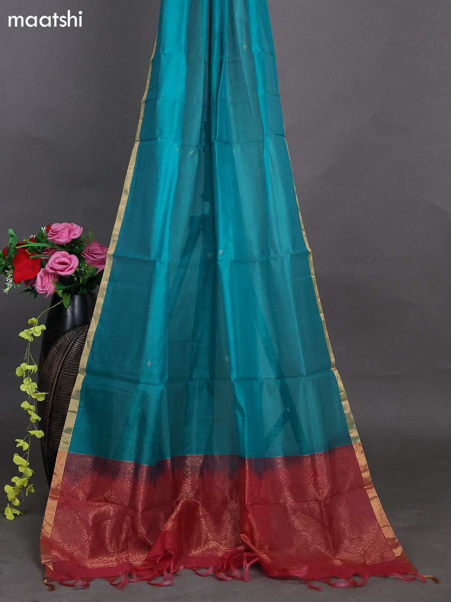 Dark Peach and Teal Green Kora Silk Cotton Dress Material With Zari Buttas and Bottom & Zari Dupatta