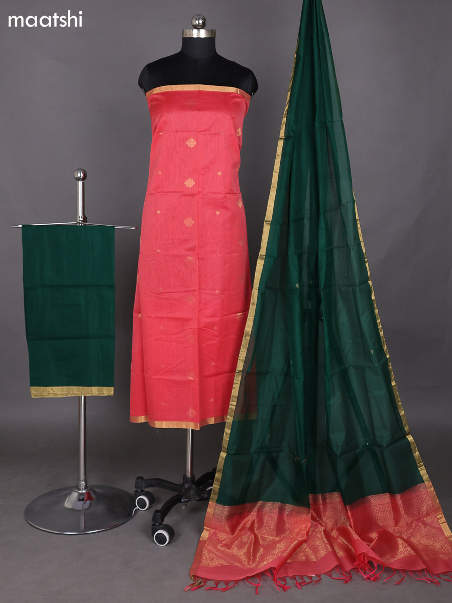 Peach Shade and Green Kora Silk Cotton Dress Material With Zari Buttas and Bottom & Zari Dupatta