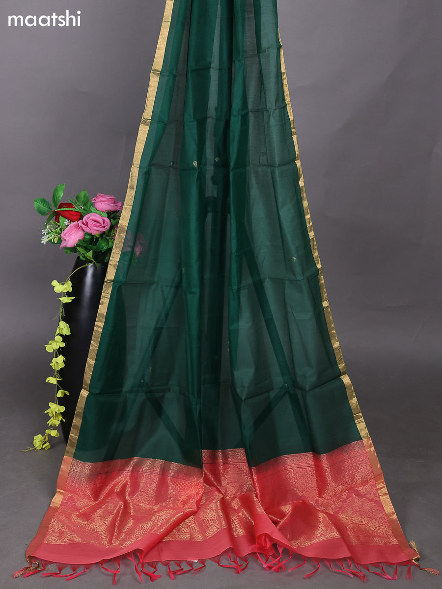 Peach Shade and Green Kora Silk Cotton Dress Material With Zari Buttas and Bottom & Zari Dupatta