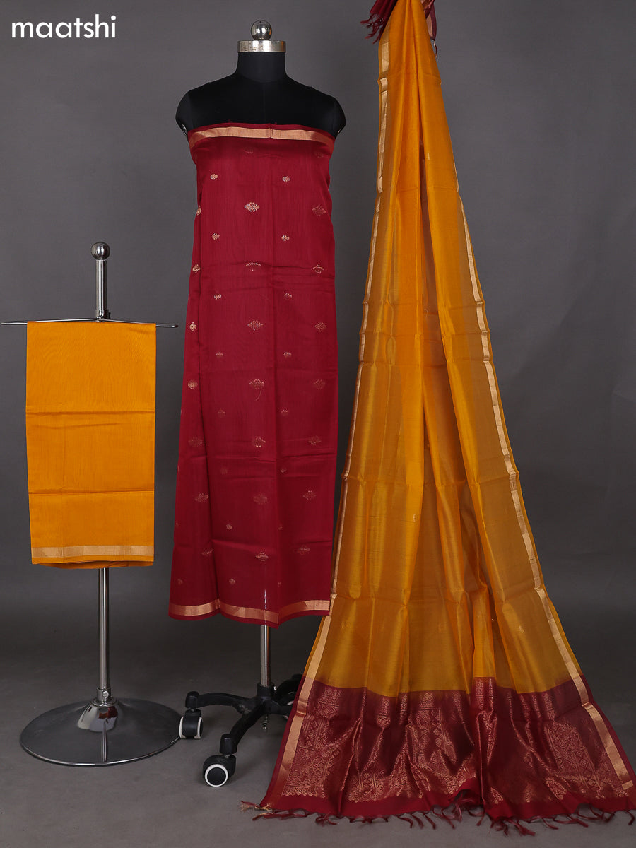 Maroon and Mango Yellow Kora Silk Cotton Dress Material With Zari Buttas and Bottom & Zari Dupatta