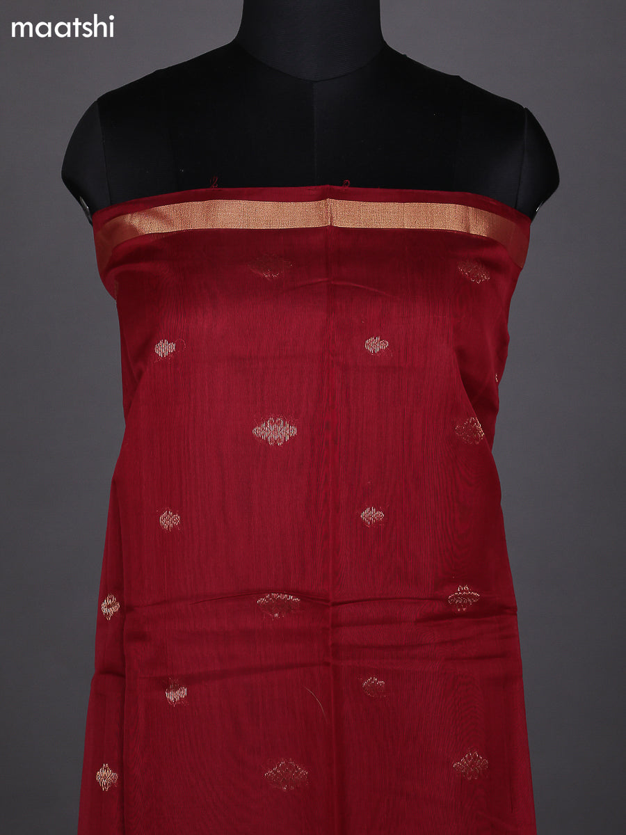 Maroon and Mango Yellow Kora Silk Cotton Dress Material With Zari Buttas and Bottom & Zari Dupatta