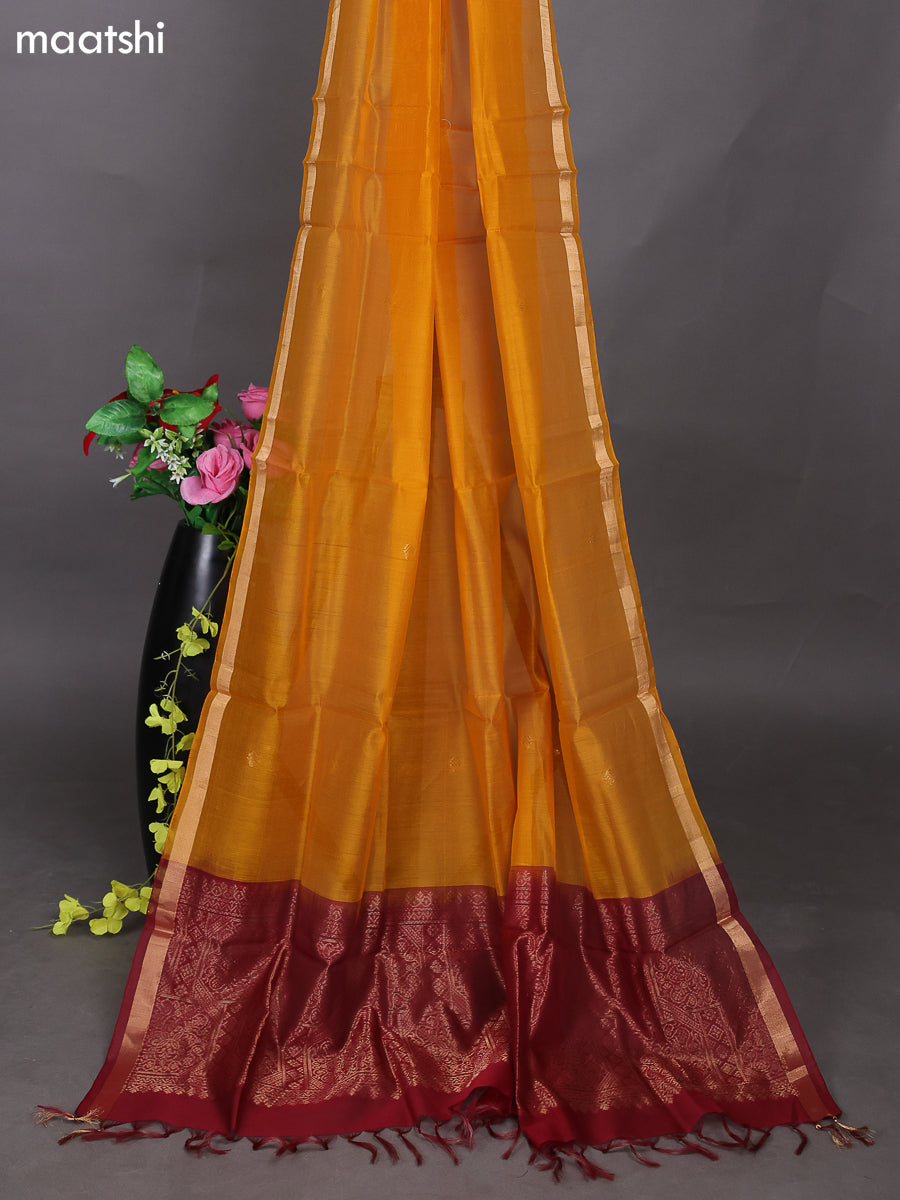 Maroon and Mango Yellow Kora Silk Cotton Dress Material With Zari Buttas and Bottom & Zari Dupatta