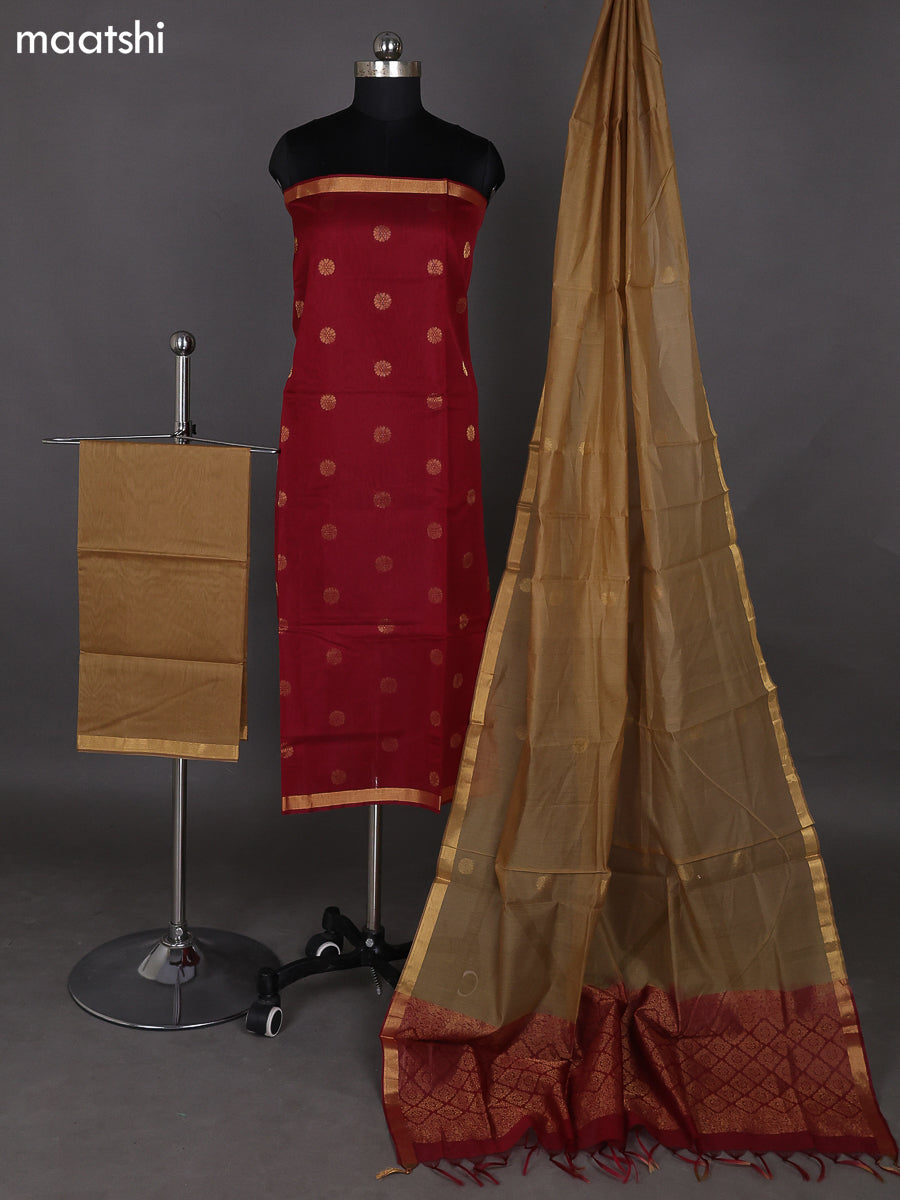 Kumkum Red and Sandal Kora Silk Cotton Dress Material With Zari Buttas Maatshi Kumkum Red and Sandal Kora Silk Cotton Dress Material With Zari Buttas Maatshi