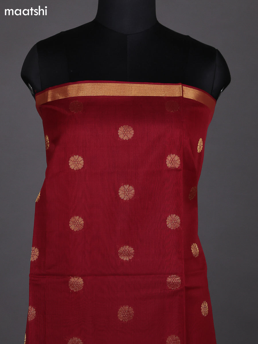 Kumkum Red and Sandal Kora Silk Cotton Dress Material With Zari Buttas and Bottom & Zari Dupatta