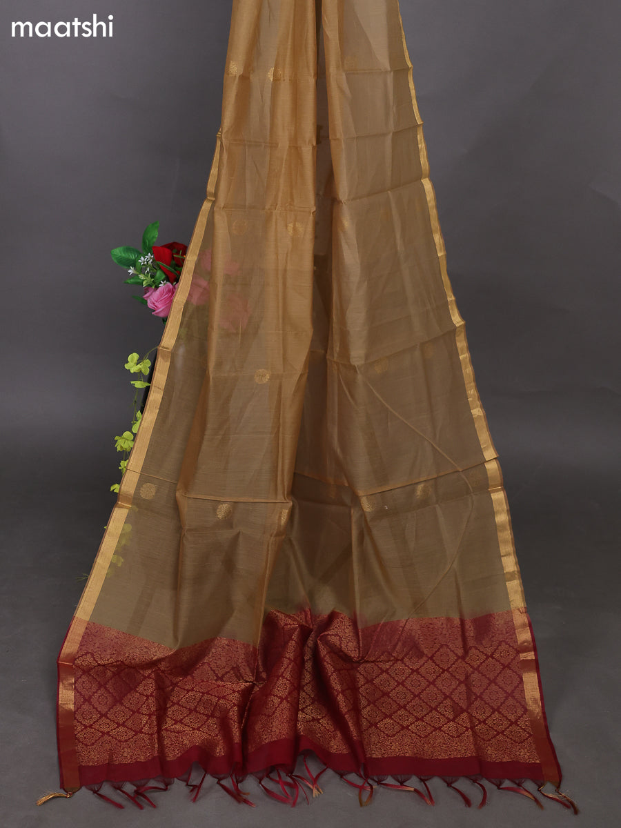 Kumkum Red and Sandal Kora Silk Cotton Dress Material With Zari Buttas and Bottom & Zari Dupatta