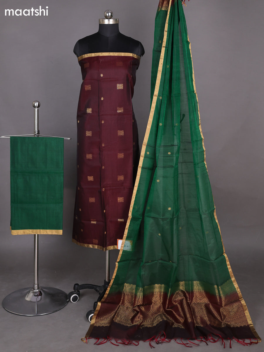 Deep Maroon and Green Kora Silk Cotton Dress Material With Zari Buttas and Bottom & Zari Dupatta