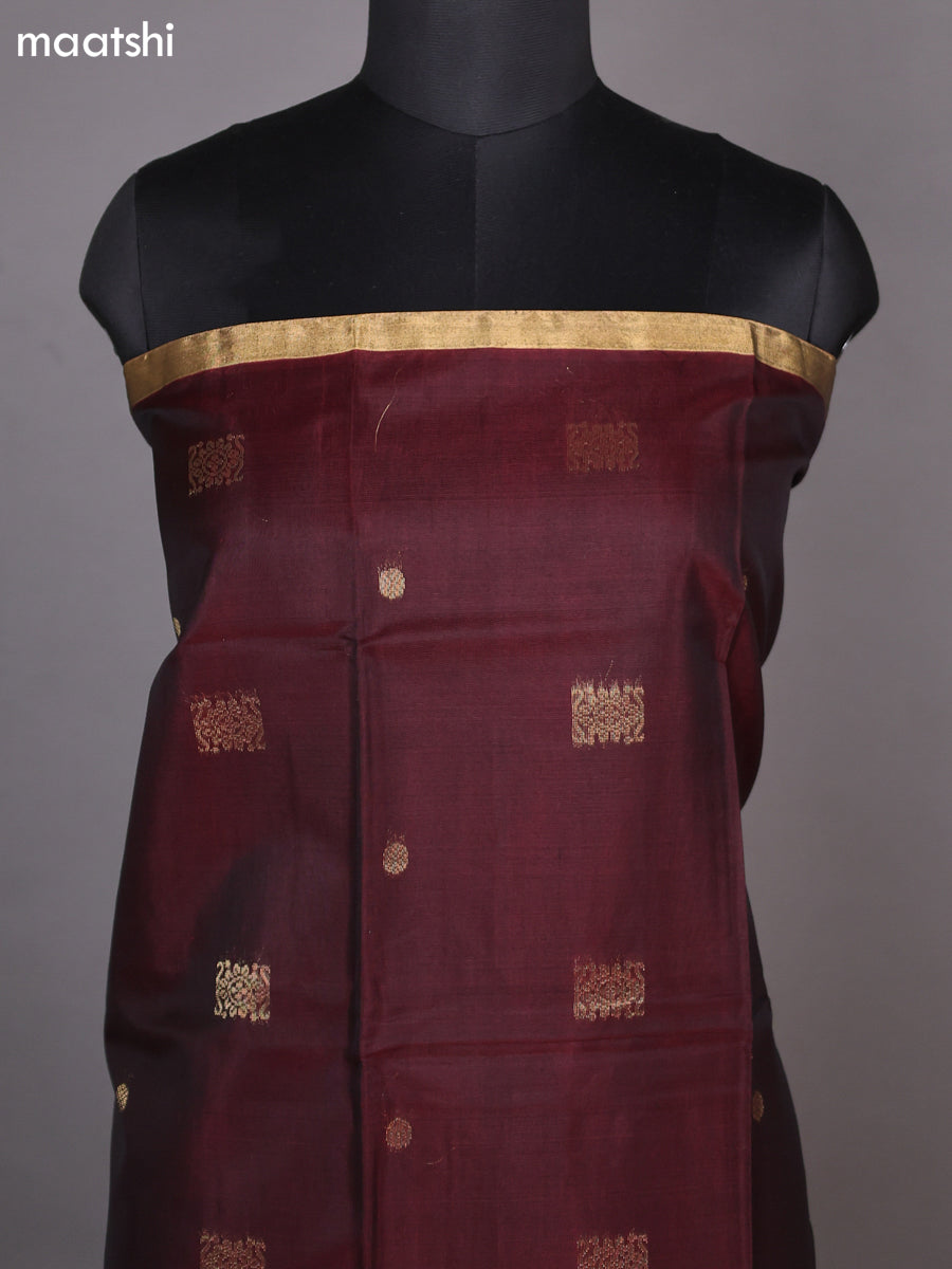 Deep Maroon and Green Kora Silk Cotton Dress Material With Zari Buttas and Bottom & Zari Dupatta