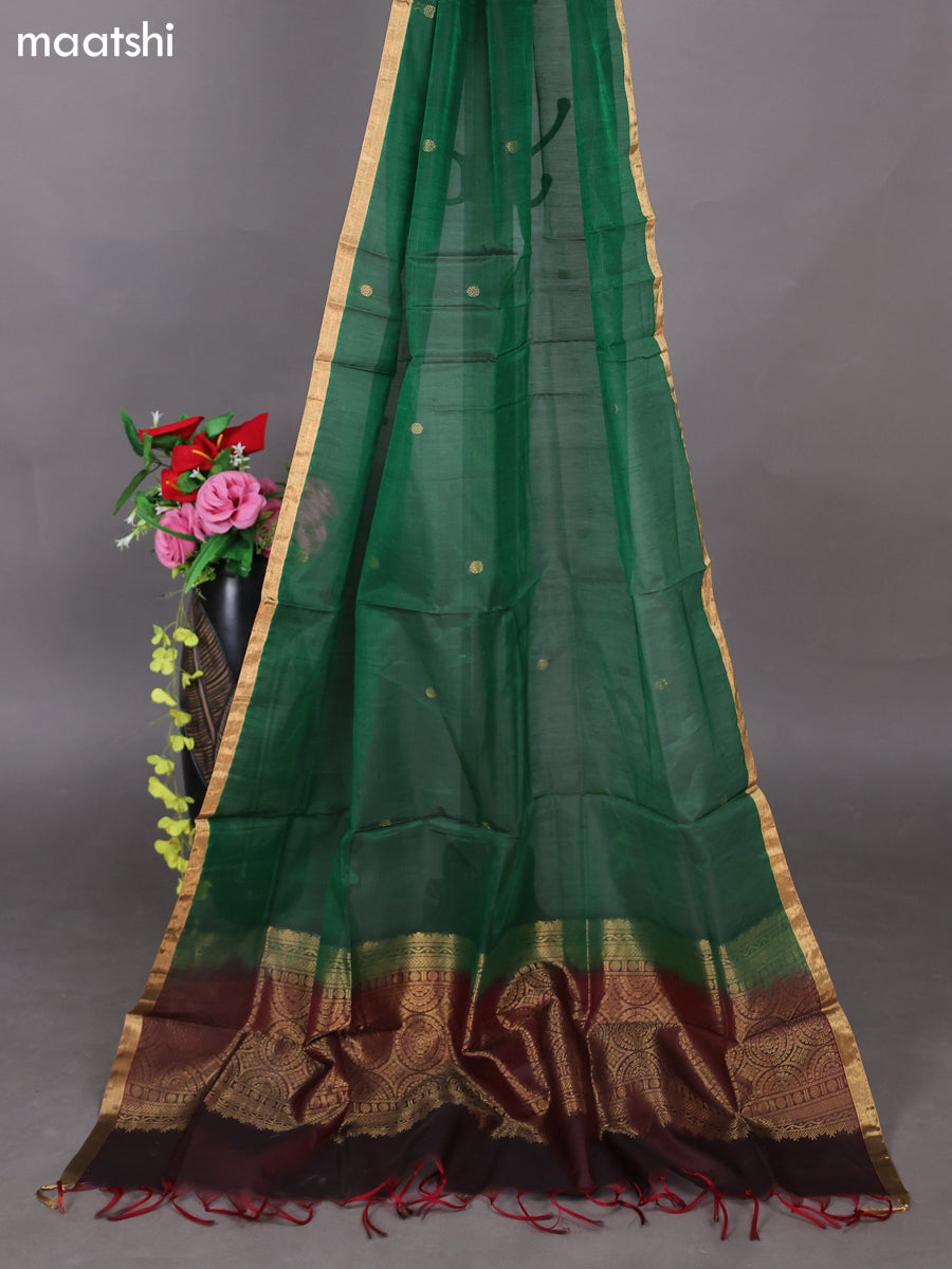Deep Maroon and Green Kora Silk Cotton Dress Material With Zari Buttas and Bottom & Zari Dupatta