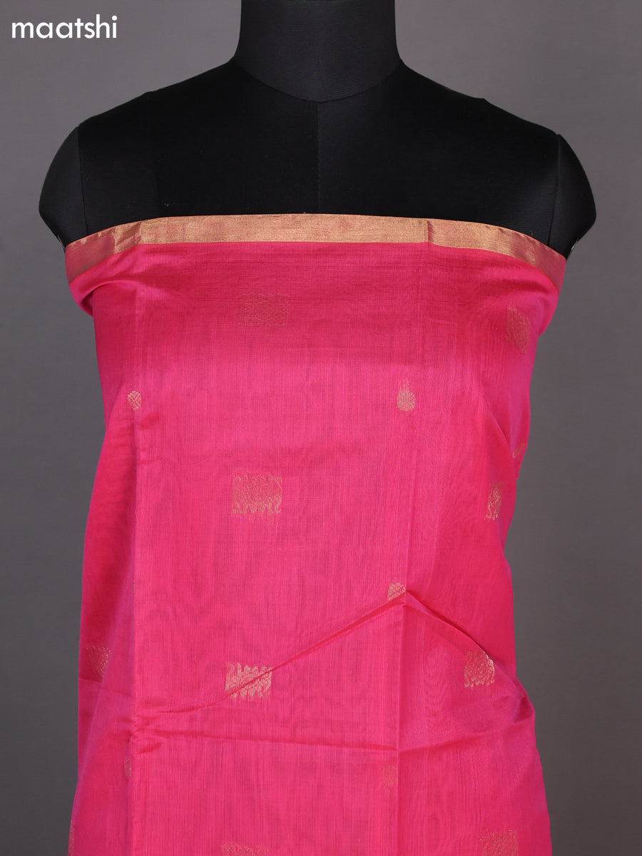 Peach Pink and Teal Blue Kora Silk Cotton Dress Material With Zari Buttas and Bottom & Zari Dupatta