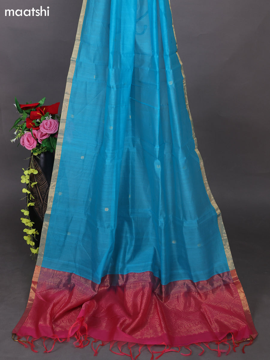 Peach Pink and Teal Blue Kora Silk Cotton Dress Material With Zari Buttas and Bottom & Zari Dupatta