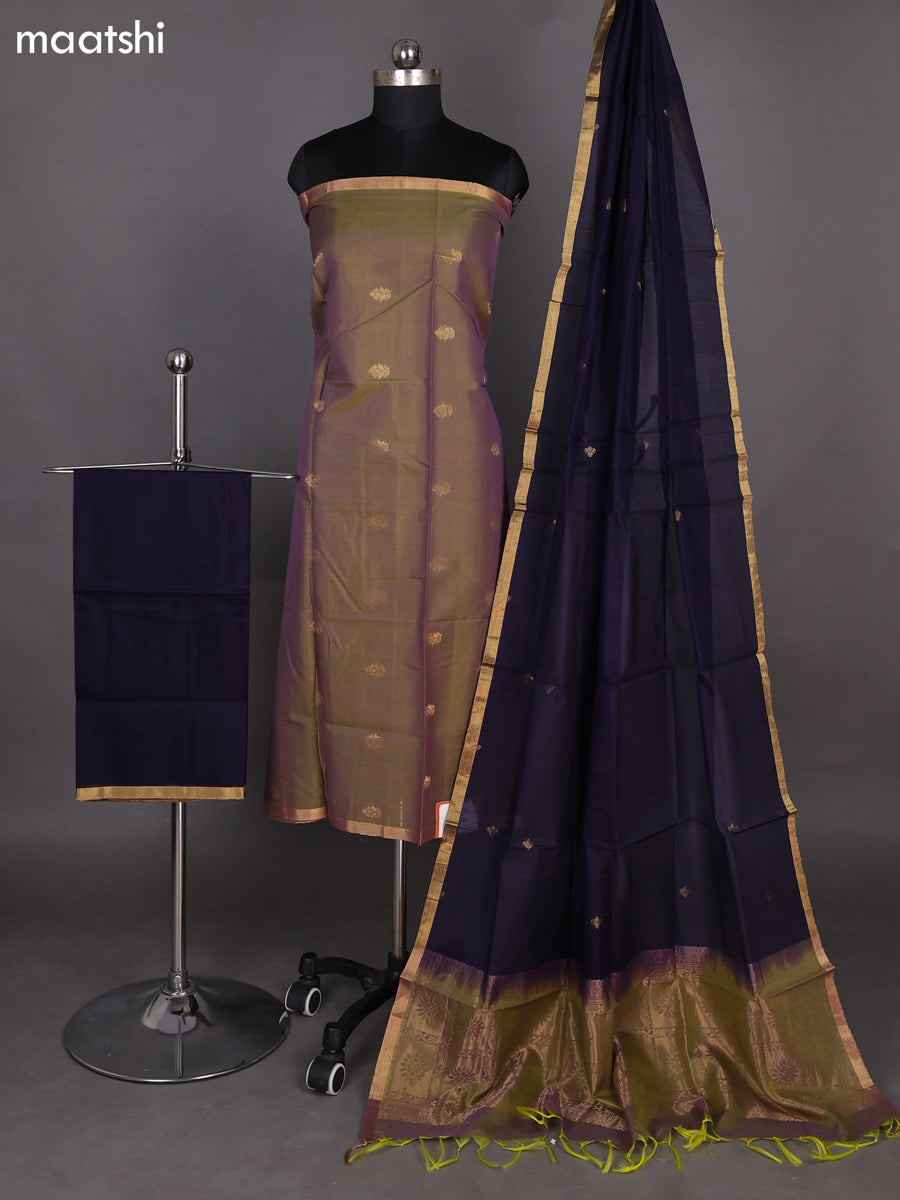 Dual Shade Of Green and Deep Navy Blue Kora Silk Cotton Dress Material With Zari Buttas and Bottom & Zari Dupatta